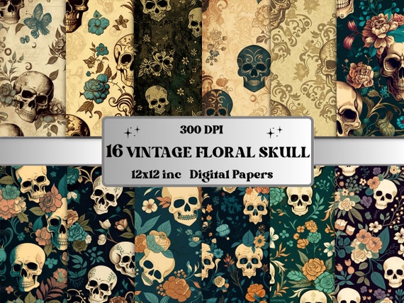 Vintage Floral Skull Digital Paper, Skull flowers digital paper pack, skeletons and vintage flowers for journal and scrapbooking pages pack