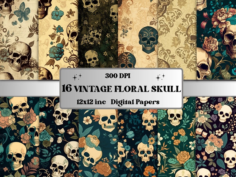 May include: 16 digital papers featuring vintage floral skull designs. The papers are 12x12 inches and 300 DPI.