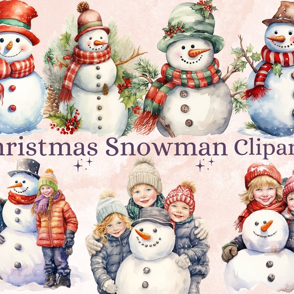 24 PNG Watercolour Christmas Snowman Clipart, Merry Christmas Kids Snow Clip art, Winter Holiday Children graphic png, Xmas Noel Sublimation