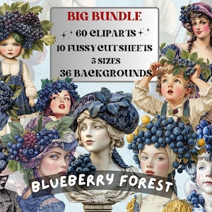 Blueberry Forest Collage Elements, Whimsical Blueberry Fussy Cut, Whimsy Floral Clipart, Summer Junk Journal, Fruit Clipart Background