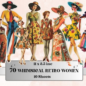 Whimsical Retro Women Fussy Cut Pages, Vintage Ladies Fussy Cut Ephemera Collection, Fashion Add On Journal Kit, Mixed Media Scrapbooking