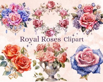 32 PNG Watercolor Royal Roses Clipart Bundle, Jewelled Rose PNG Clip Art, Fantasy Floral Clip Art, Magical Flower bundle, Royal Fantasy Rose