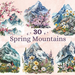 30 PNG acuarela Spring Mountain Clipart, escenas florales de primavera ilustraciones Clip art, Fantasy Mountain River png, Sublimación de paisaje