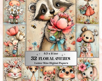 Whimsical Floral Cuties Digital Paper Pack | Quirky Animals Flowers Junk Journal Scrapbook Printable, 32 Sheets Letter Size Instant Download