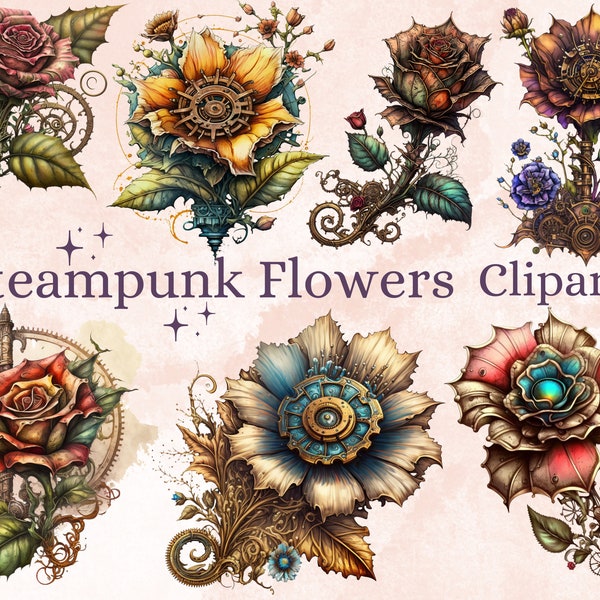 23 PNG Watercolor Steampunk Flowers Clipart, Steampunk Ephemera, Fantasy Steampunk Flower png bundle, Junk Journal Tags, Scrap, Ephemera Kit