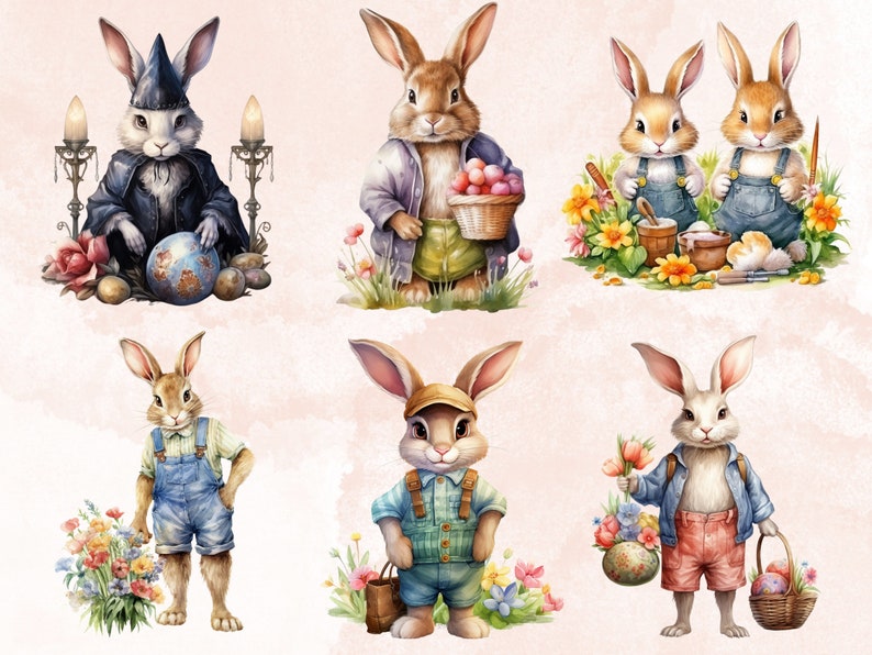 40 PNG Watercolor Easter Bunny Clipart, Floral Easter Rabbit Illustrations Clip art, Garden Farmer Bunny Sublimation, Rabbit Tea Party Png
