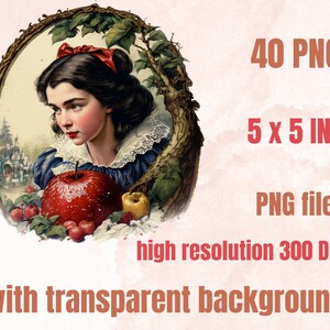 40 PNG Watercolour Snow White Clipart, Snow White Princess Seven Dwarves Png, Fantasy Fairytale Clipart, Evil Queen, Vintage Fairy Tale Set