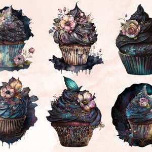 20 PNG Watercolor Magical Cupcakes Clipart, Gothic Cupcake Clip Art, Floral Cupcakes, Dessert clipart set, Floral Bakery Dessert Sublimation