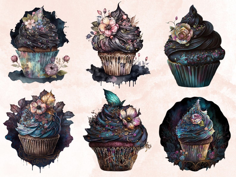20 PNG Watercolor Magical Cupcakes Clipart, Gothic Cupcake Clip Art, Floral Cupcakes, Dessert clipart set, Floral Bakery Dessert Sublimation