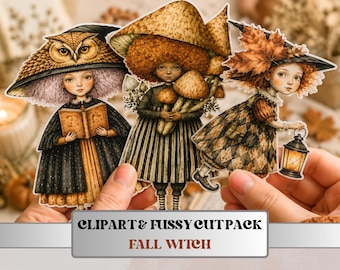 Fall Witch Fussy Cuts & Clipart, Printable Witchcraft Cut Outs, Autumn Halloween Ephemera, Junk Journal Scrapbook Kit