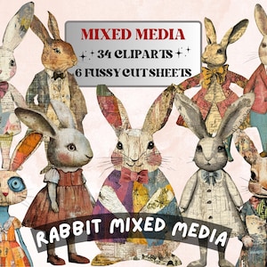 Könnte beinhalten: Eine Sammlung skurriler Kaninchenillustrationen in verschiedenen Outfits. Die Kaninchen haben lange Ohren und tragen Mäntel, Kleider und Fliegen. Der Text "MIXED MEDIA" und "RABBIT MIXED MEDIA" ist ebenfalls enthalten.