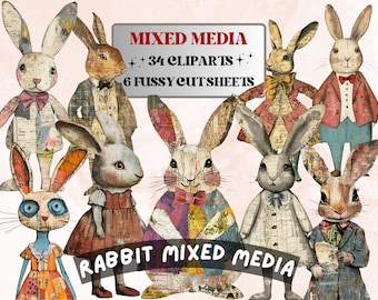 Whimsical Rabbit Mixed Media Clipart, Fairytale Bunny Fussy Cut Collage Sheet, Quirky Cut Out Ephemera, Grunge Texture Scrapbook, Journal