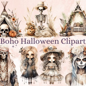 60 PNG Watercolor Boho Halloween Bundle Clipart, Bohemian Halloween Illustrations Clip art, Skeleton png, Creepy Witchcraft Sublimation