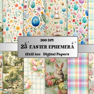 Printable Spring Easter Digital Paper, Floral Ephemera Collage, Easter Eggs Bunny Pages, Easter Junk Journal Kit, Scrapbooking, Card Making