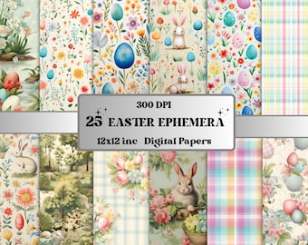 Printable Spring Easter Digital Paper, Floral Ephemera Collage, Easter Eggs Bunny Pages, Easter Junk Journal Kit, Scrapbooking, Card Making