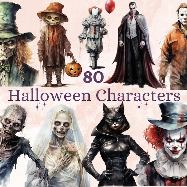80 PNG Watercolor Halloween Characters Big Bundle Clipart, Horror Halloween Illustrations Clip art, Evil Characters png, Creepy Sublimation