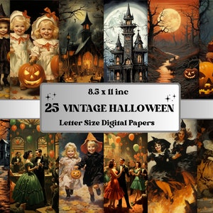 Papel digital vintage para impressão de Halloween, coisas efêmeras retrô de Halloween, páginas de cenas assustadoras, download de diário de lixo, álbum de recortes, criação de cartões