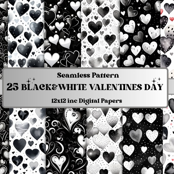 Papel digital del día de San Valentín blanco negro sin costuras, patrón sin costuras de amor romántico de San Valentín, fondo de textura de corazones, papel de álbum de recortes