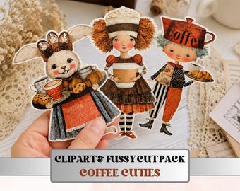 Coffee Cuties Fussy Cuts & Clipart, Printable Coffee Cut Outs, Coffee Ephemera, Junk Journal Scrapbook Kit, Cozy Paper Craft