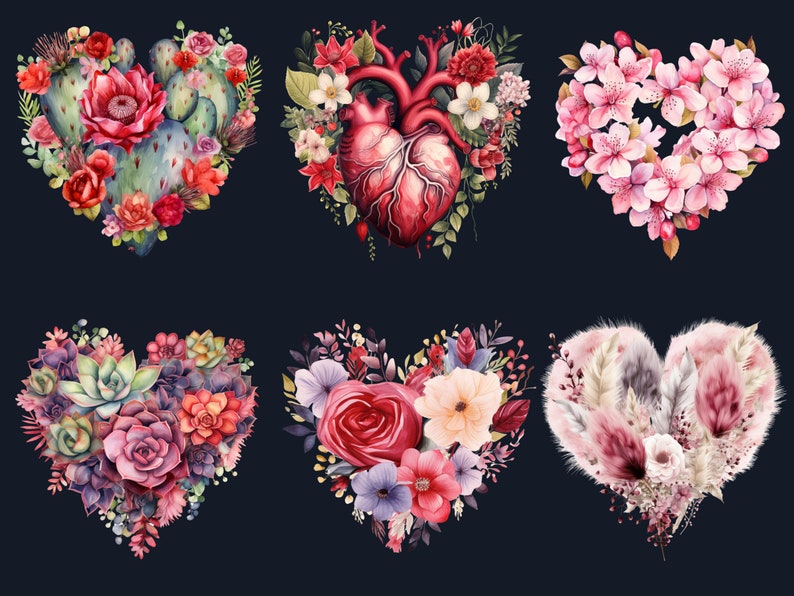40 PNG Watercolor Valentine's Day Hearts Clipart, Floral Valentines Day ...