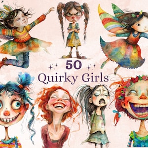 50 PNG Aquarell schrullige Mädchen Bundle Clipart, wunderliche Mädchen Illustrationen Clip Art, lustige kleine Mädchen Emotionen png, schrullige Sublimation
