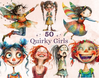 50 PNG Watercolor Quirky Girls Bundle Clipart, Whimsical Girl Illustrations Clip art, Funny Little Girls Emotions png, Quirky Sublimation