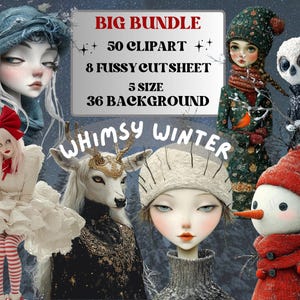 Whimsy Winter Collage Elements Kit, Whimsical Surreal Winter Fussy Cut, Quirky Weird People Clipart, Junk Journal, Clipart Background Bundle