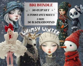Zestaw elementów kolażu Whimsy Winter, kapryśny surrealistyczny zimowy krój, dziwaczne, dziwne, ludzkie cliparty, dziennik śmieci, pakiet tła clipart