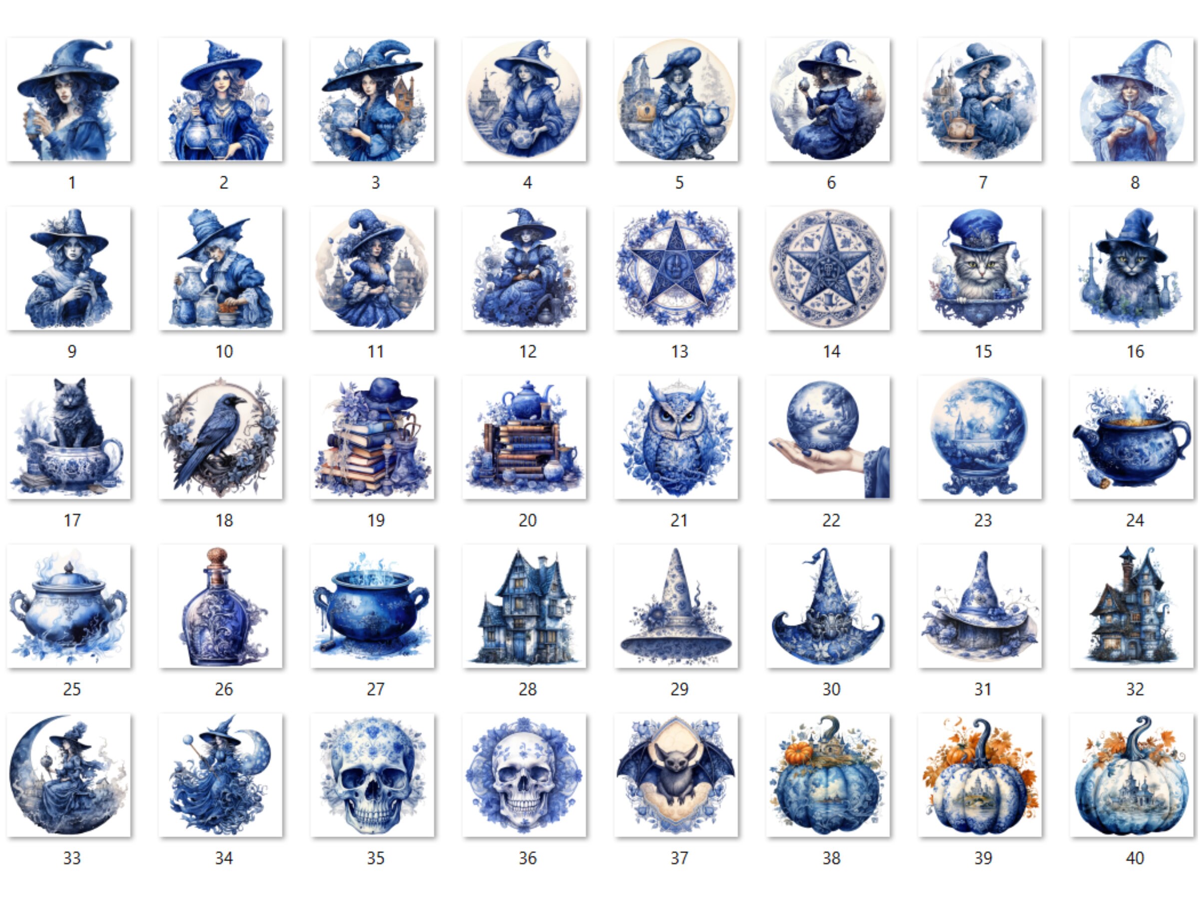 40 PNG Watercolour Delft Blue Witch Clipart, Witchcraft Clip Art, Witch ...
