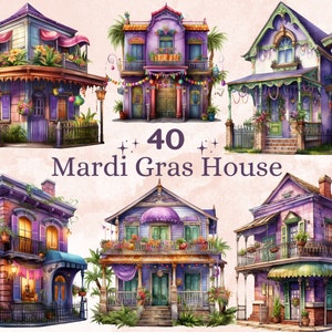 40 PNG Aquarela Mardi Gras House Clipart, Masquerade Illustration Clip art, Mardi Gras Invitation png, Sublimação de Carnaval de Nova Orleans