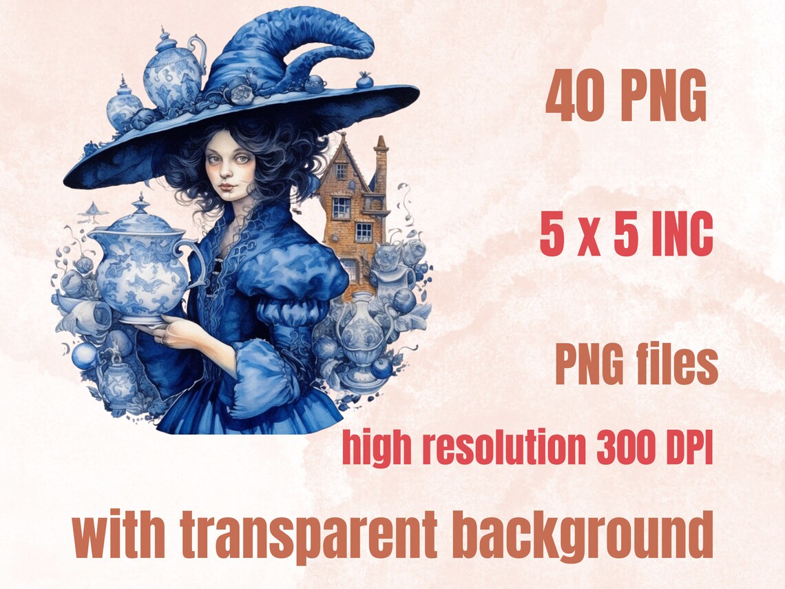 40 PNG Watercolour Delft Blue Witch Clipart, Witchcraft Clip Art, Witch ...