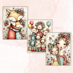 May include: Three watercolor art prints featuring whimsical illustrations. One print shows two foxes embracing, adorned with floral crowns. Another depicts a family of sheep with balloons. The third print shows two girls with flowers and the word "Mom".