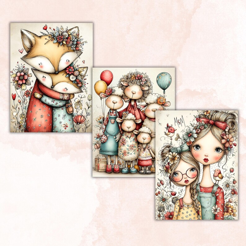 May include: Three watercolor art prints featuring whimsical illustrations. One print shows two foxes embracing, adorned with floral crowns. Another depicts a family of sheep with balloons. The third print shows two girls with flowers and the word "Mom".