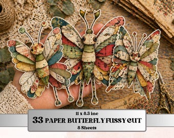Whimsical Paper Butterfly Fussy Cut Bundle, 33 Butterfly Cutouts, Nature Ephemera Junk Journal Scrapbook Sheets