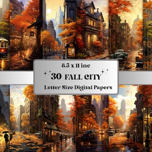 May include: A set of 30 digital papers featuring a rainy autumn city scene with colorful fall foliage, streetlights, and vintage trams. The papers are 8.5 x 11 inches and are perfect for scrapbooking, card making, and other craft projects.