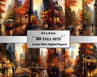 Afdrukbaar gezellig herfststad digitaal papier, regenachtige dag herfst achtergrond, stadsscènes pagina's, download junk journal, scrapbooking, kaarten maken