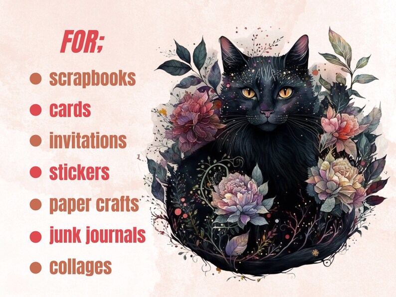 16 PNG Watercolor Fantasy Black Cats Clipart, Black Cat Clip Art, Celestial Black Cat Clipart, Magical clipart, Witchcraft Bundle, pagan png