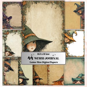 May include: A digital paper set with a witch theme. The image displays multiple pages with illustrations of witches in hats, framed by floral and vine borders. The text on the image reads "44 Witch Journal" and "8.5 x 11 inch".