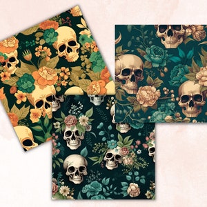 Vintage Floral Skull Digital Paper, Skull flowers digital paper pack, skeletons and vintage flowers for journal and scrapbooking pages pack