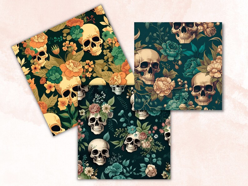 Vintage Floral Skull Digital Paper, Skull flowers digital paper pack, skeletons and vintage flowers for journal and scrapbooking pages pack