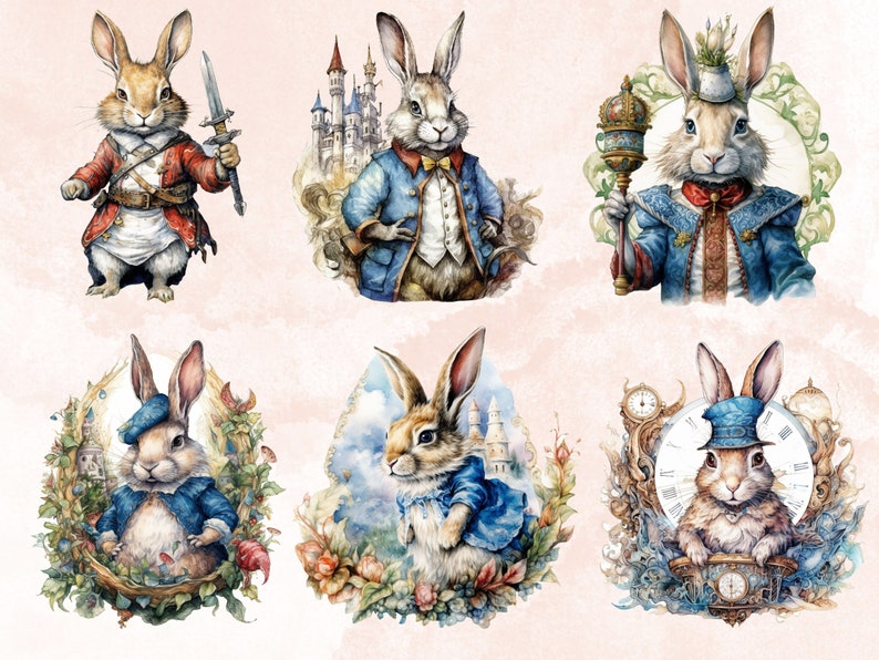 36 PNG Watercolor Fairytale Rabbit Clipart Bundle, Fairy tale Animal Clip Art, Vintage Fairy tale Bunny PNG, Fantasy Bunnies PNG Clip art