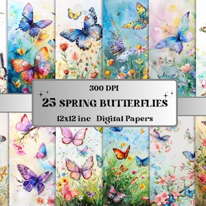 Papier numérique aquarelle papillons de printemps, kit de carnet de notes floral papillons, pages de scrapbooking fleurs de printemps, arrière-plan jardin de papillons