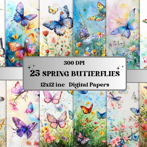 Aquarell Frühling Schmetterlinge Digitales Papier, Floral Schmetterling Junk Journal Kit, Frühling Blumen Scrapbook Seiten, Schmetterling Garten Hintergrund