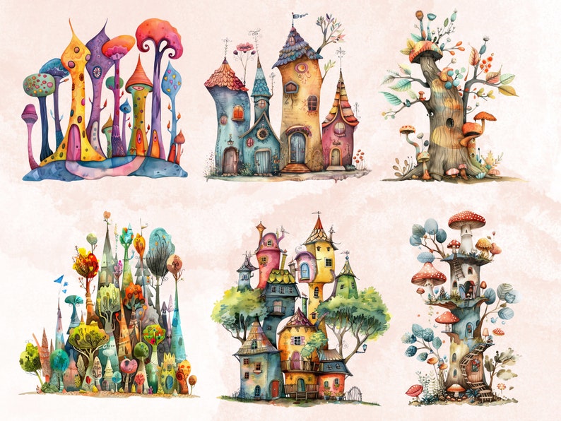 30 PNG Watercolor Quirky Forest Clipart, Whimsical Mushroom Illustrations Clip art, Funny Woodland Scenes png, Quirky Botanical Sublimation
