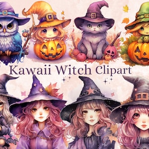 Peut inclure: Un ensemble de six images clipart numériques représentant de jolies sorcières dans différentes poses. Les sorcières portent des chapeaux noirs et violets avec des étoiles et tiennent des citrouilles et d'autres objets sur le thème d'Halloween. Les images sont parfaites pour ajouter une touche de fantaisie à vos projets d'Halloween.