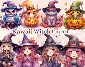 40 PNG Watercolor Kawaii Witch Clipart, Cute Witchcraft Clip art, witch clip art png, magic clip art, Fantasy Witch Bundle, witchcraft png