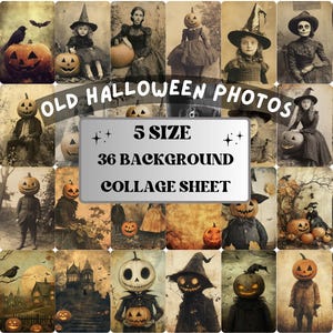 Papel de collage con fotos antiguas de Halloween, hoja de técnica mixta de Halloween vintage, imágenes efímeras espeluznantes, diario basura peculiar, papel de álbum de recortes espeluznante
