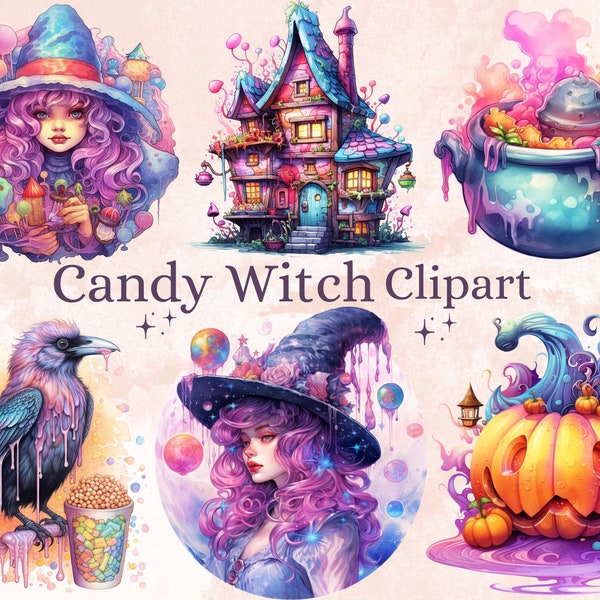 38 PNG Watercolor Candy Witch Clipart, Fantasy Witchcraft Clip art, witch clip art png, magic clip art, Candy Witch Bundle, witchcraft png