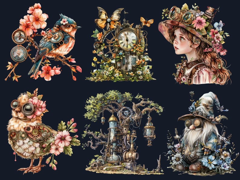 60 PNG Watercolor Steampunk Spring Clipart, Floral Spring Illustrations Clip art, Steampunk Flowers png, Fantasy Industrial Sublimation