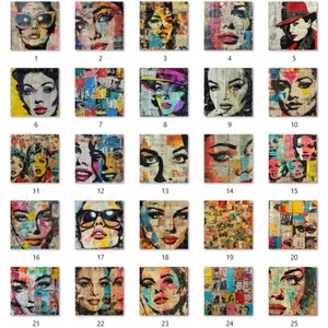 May include: A collection of 25 square art prints featuring stylized portraits of women. Each artwork uses a collage technique with a vintage aesthetic, incorporating newspaper clippings and bold colors like red, yellow, and blue.